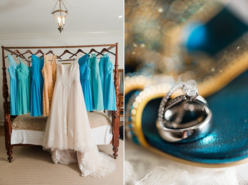 Teal and gold bridesmaid dresses