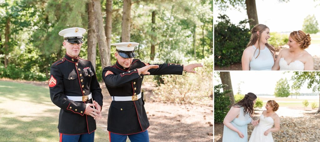 Bridal party in blue and Marine dress blues