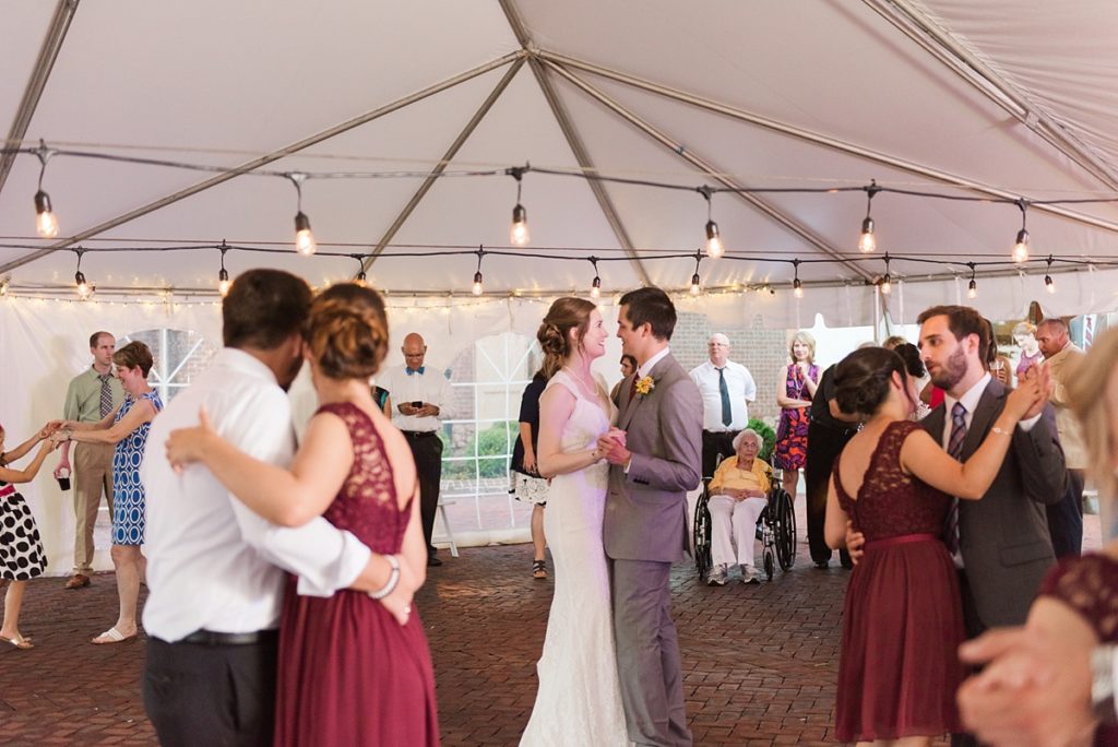 Wedding party dancing under tent