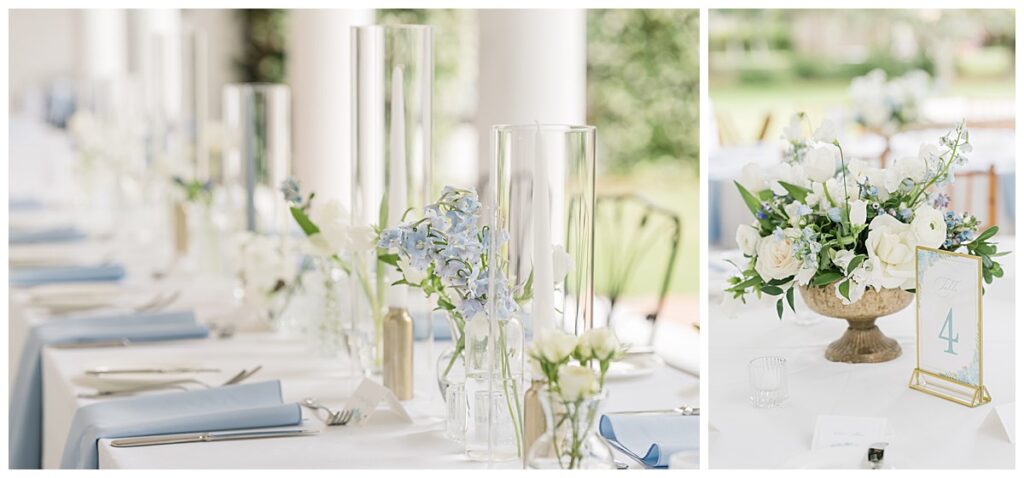 blue and white wedding reception table details