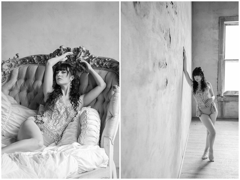 vintage-inspired boudoir session in black and white