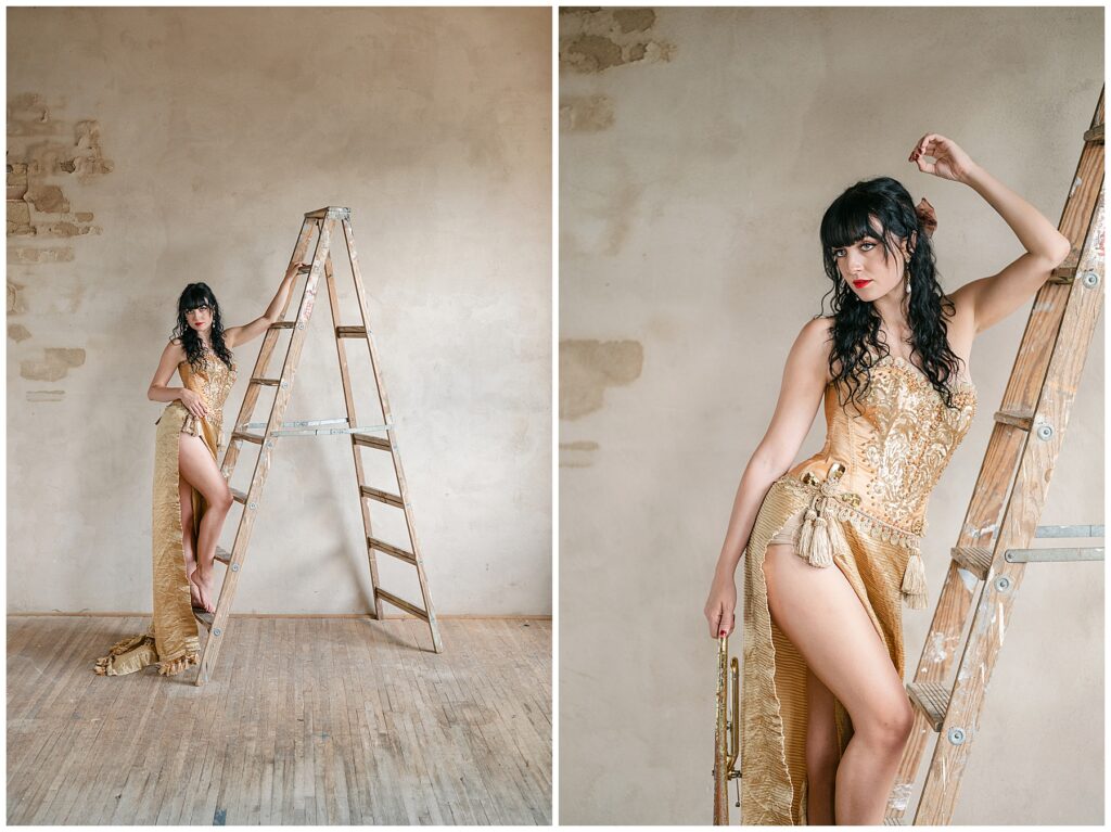 boudoir portrait poses on vintage wooden ladder 