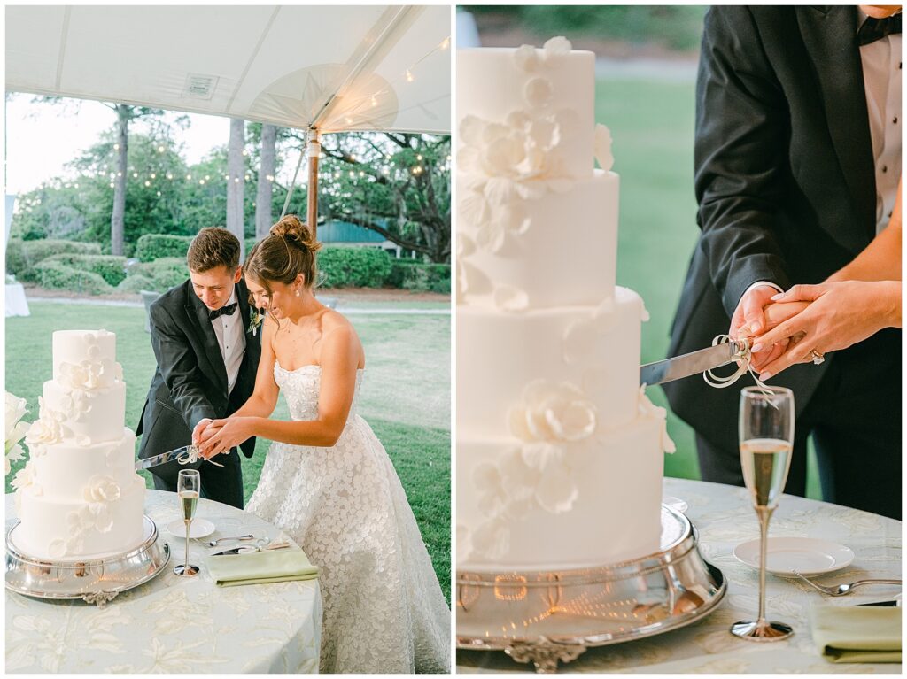 wedding couple cutting their wedding cake