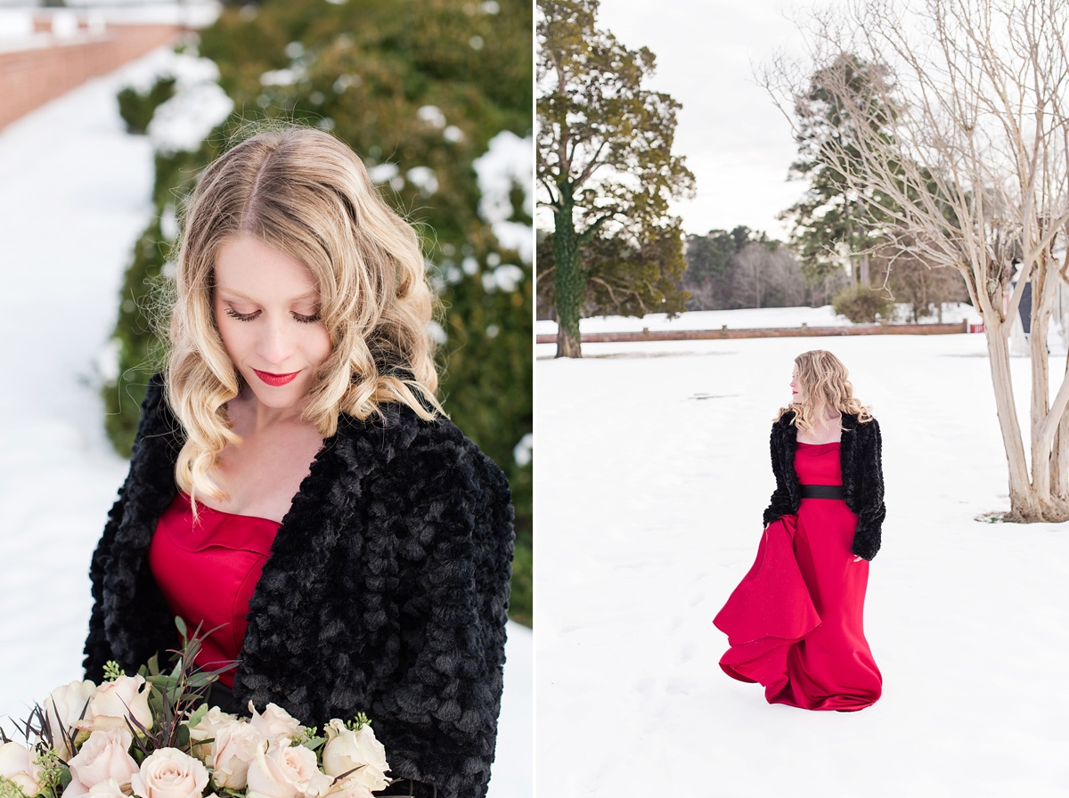 Snow Day creative with red crimson dress