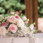 Mercury Glass Compote garden roses in wedding centerpiece at outdoor wedding by Meredith Ryncarz