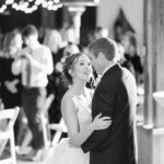 Black and White first dance photo of bride and groom at garden wedding by Meredith Ryncarz