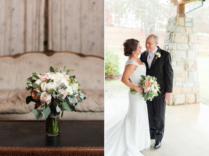 Bridal bouquet and couples portraits at winter wedding