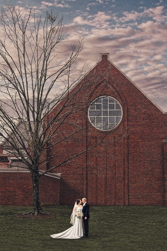 Art edit of bride and groom in front of church