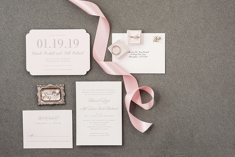 Winter wedding details with grey and blush