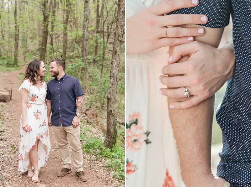 White floral dress worn for spring engagement session hiking with tattooed groom