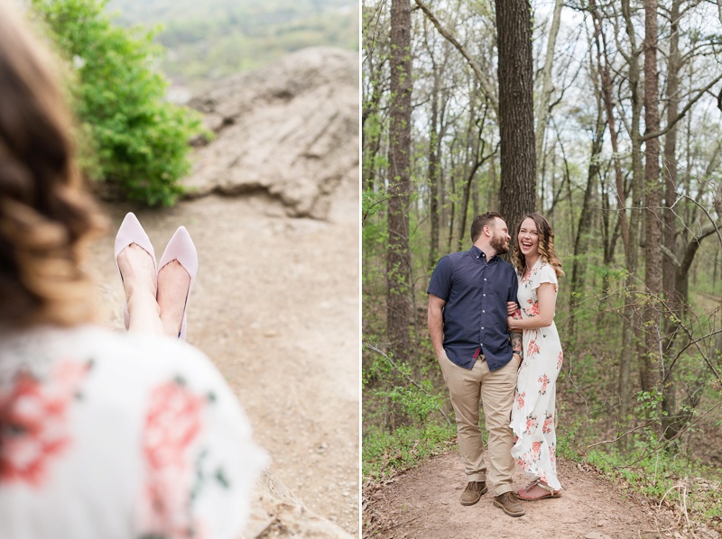 Couple laughing at engagement session with bride wearing pink rothy's shoes