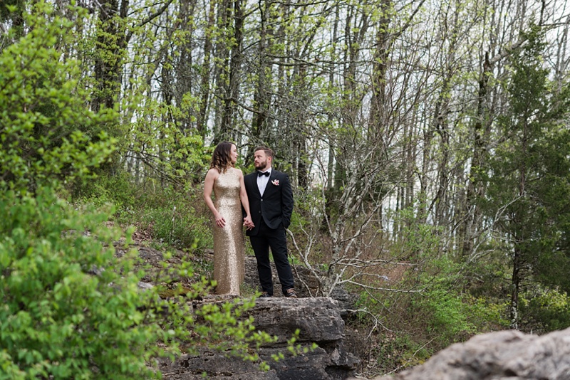 Glam Mountain Top Engagement Session with gold Rent the Runway dress.