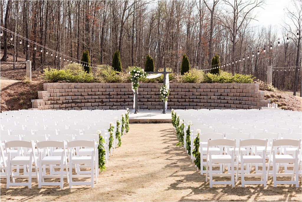 Ceremony location on winter wedding day with heirloom dress