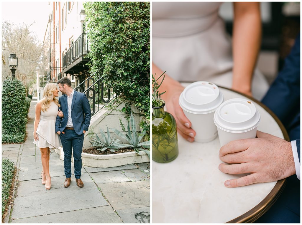 Engagement session near the DeSoto in Savannah and a coffee date at I Love Franklins