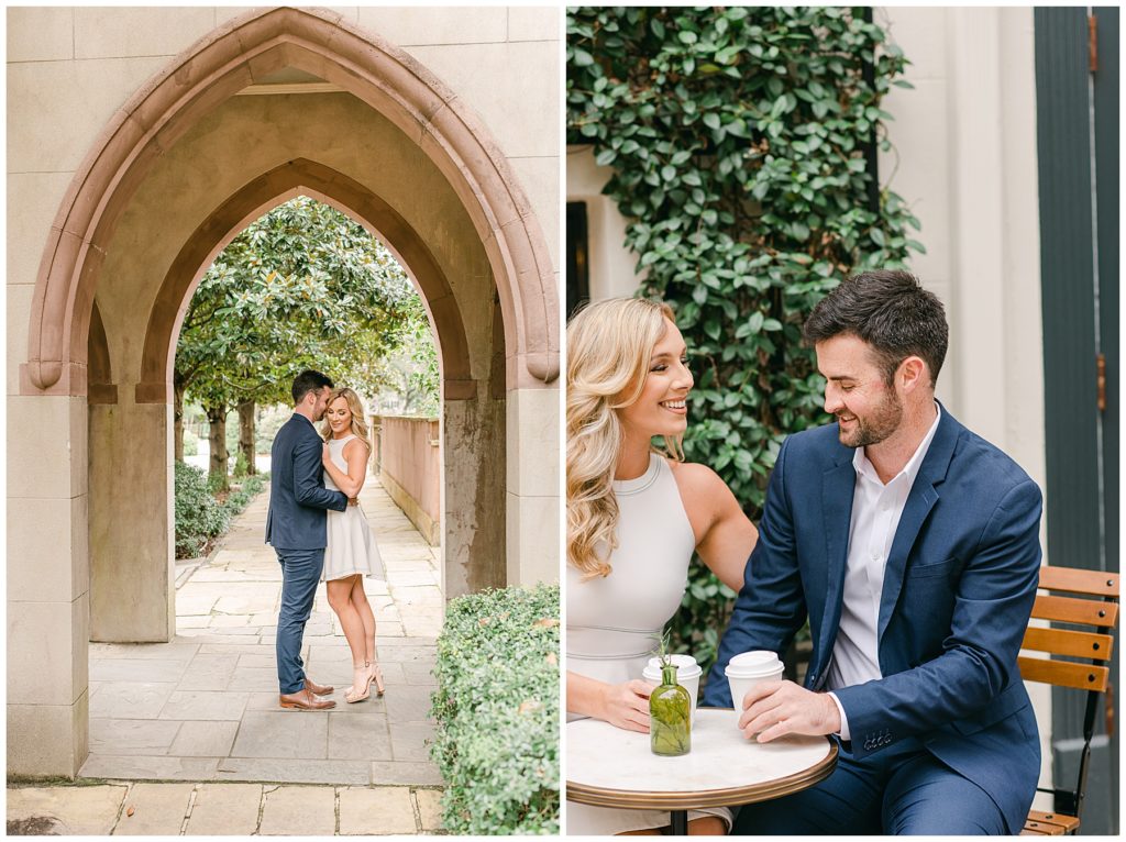 Historic Savannah Engagement Photo Session in Madison Square with white dress and coffee.