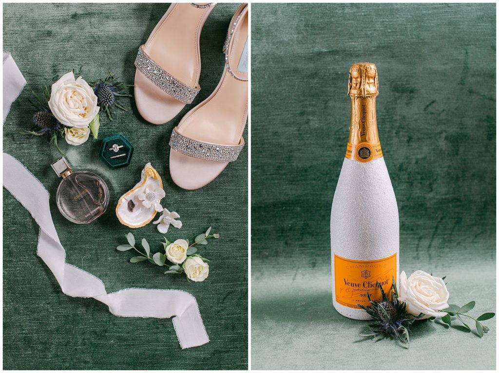Flay lay styled by a wedding stylist and a bottle of champagne