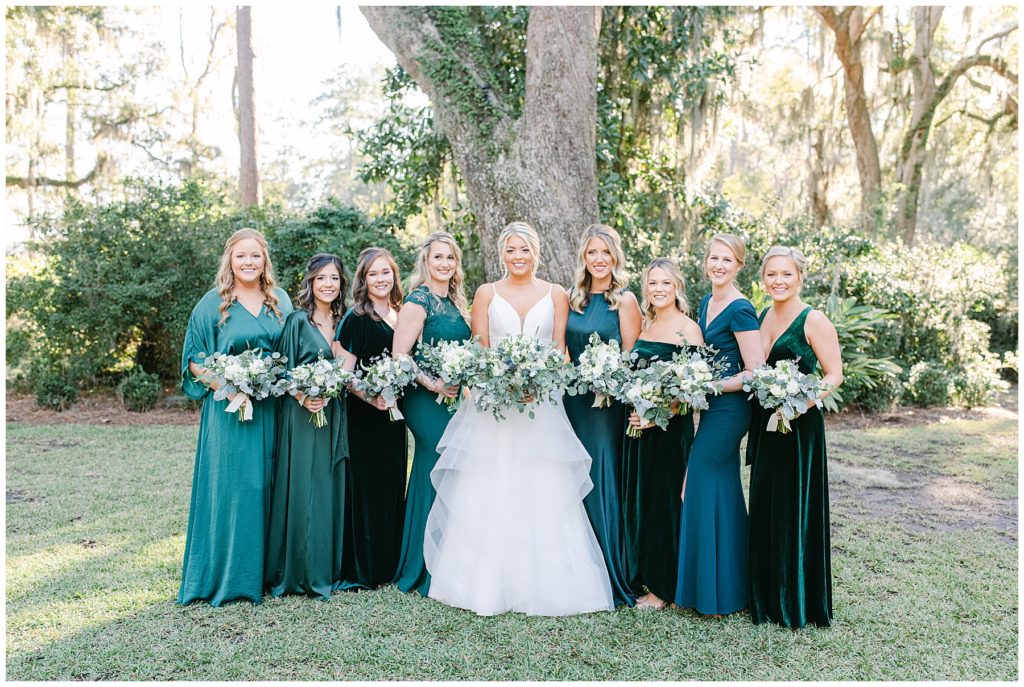 Bride and Bridesmaids in green and white on the wedding day