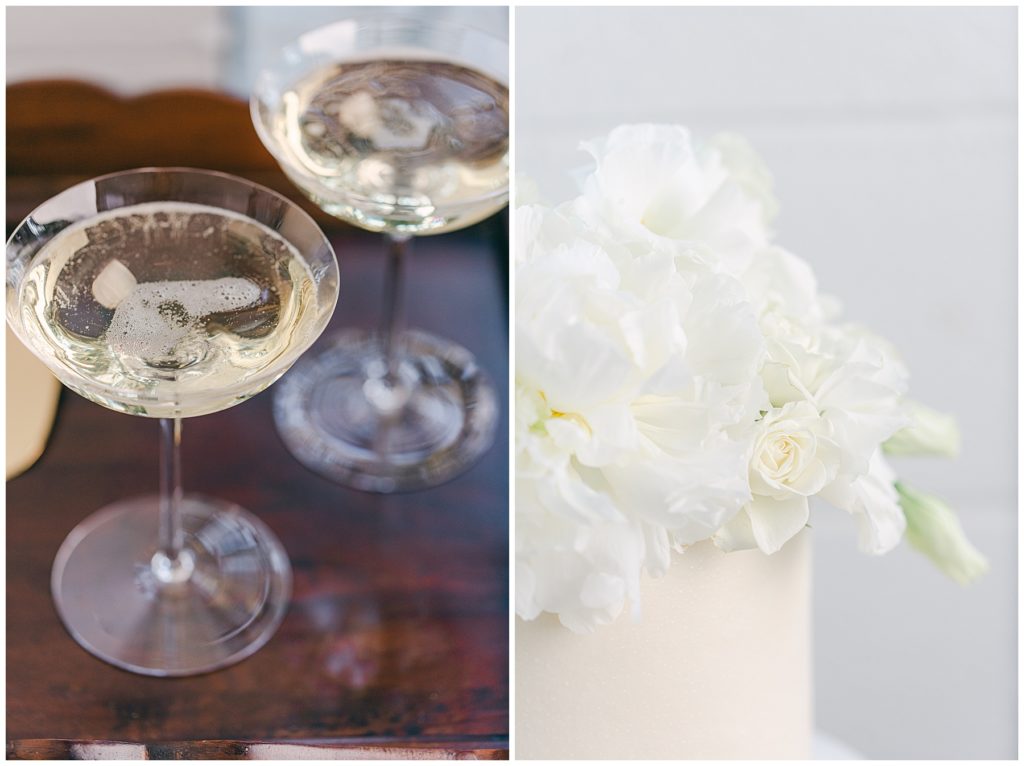 Champagne coupe and cake styled on the wedding day