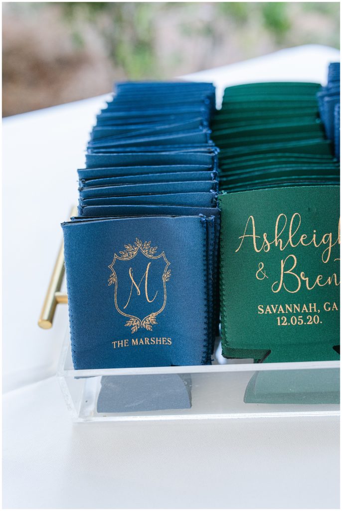 Blue and Green drink cozies styled on the wedding day