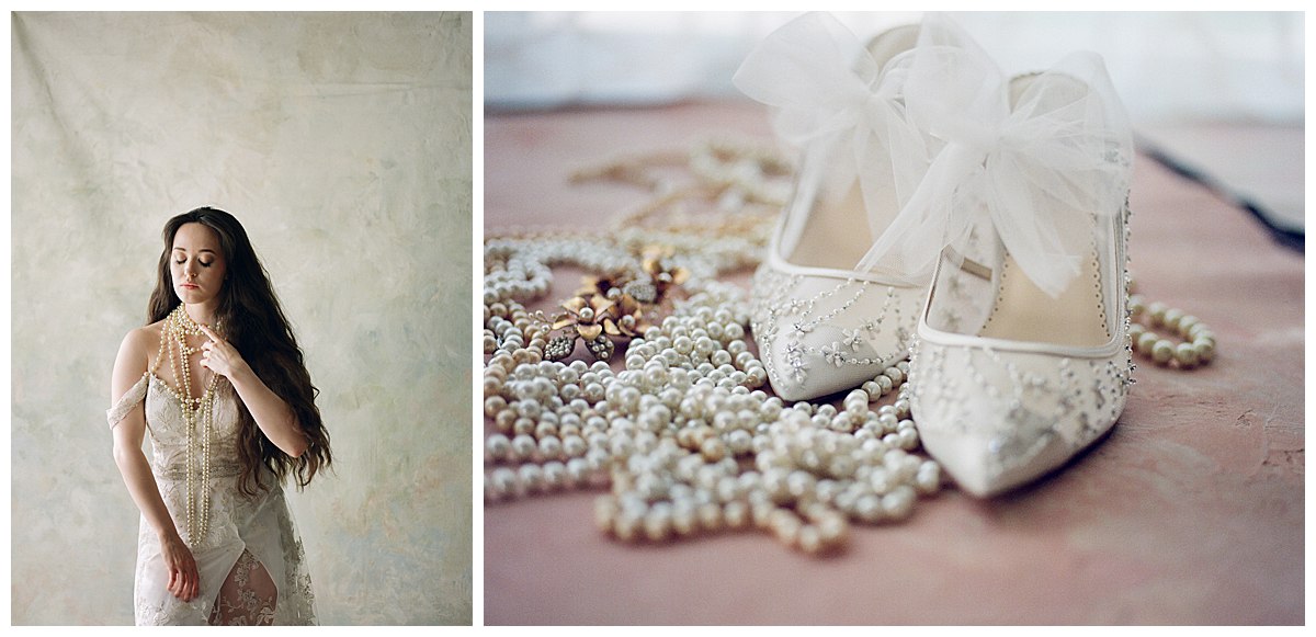 Goddess session details, pearl necklace with beaded shoes