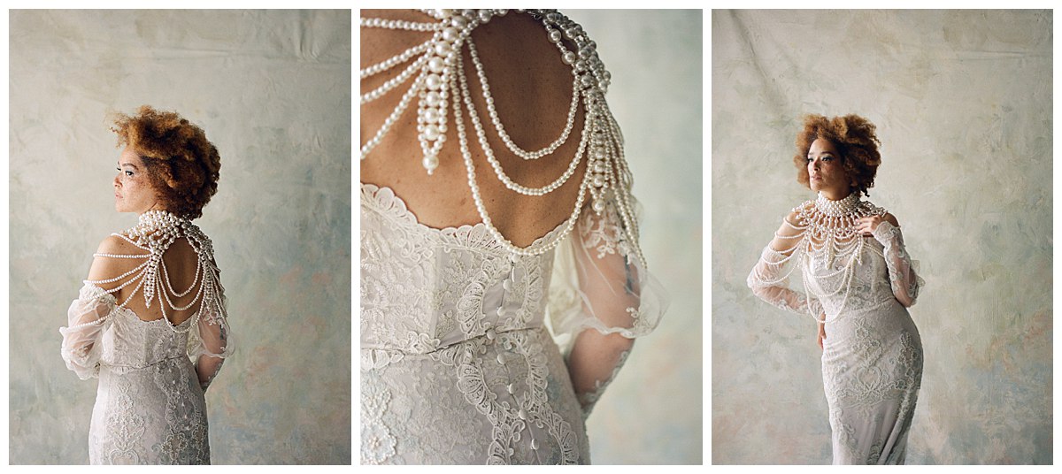 Three images showcasing details of a white Claire Pettibone gown and pearls