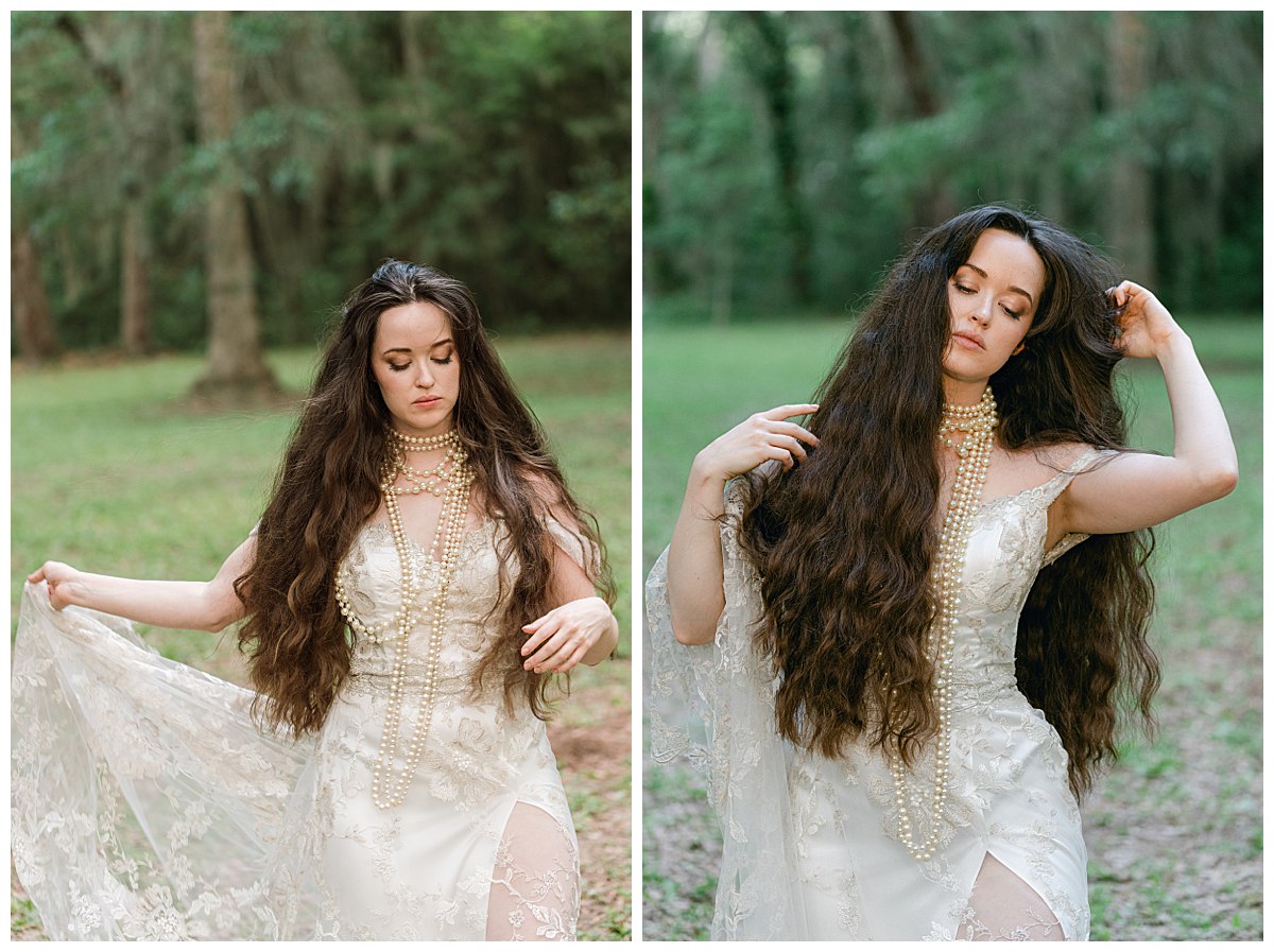 two photos of a brunette model in a lace gown outside