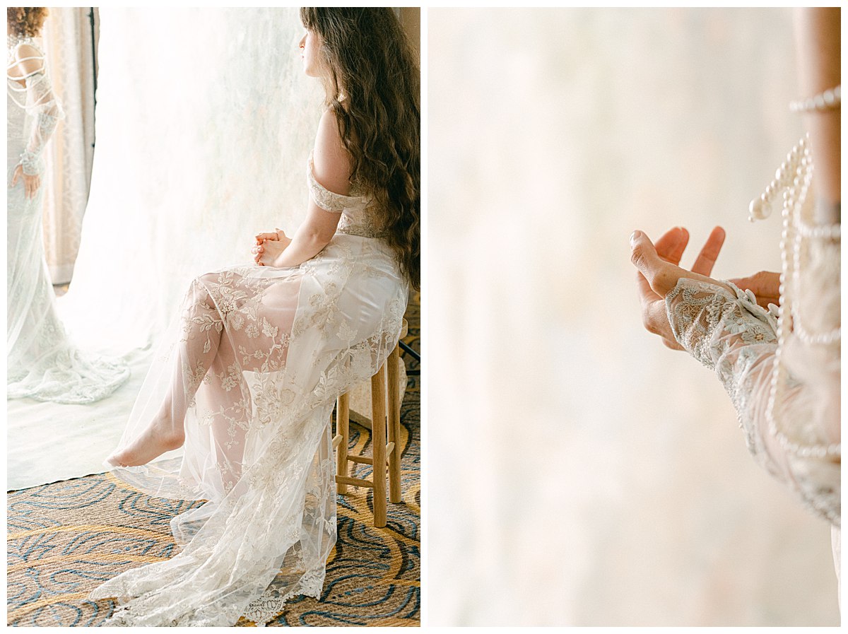 A brunette model in a white lace gown for a goddess session