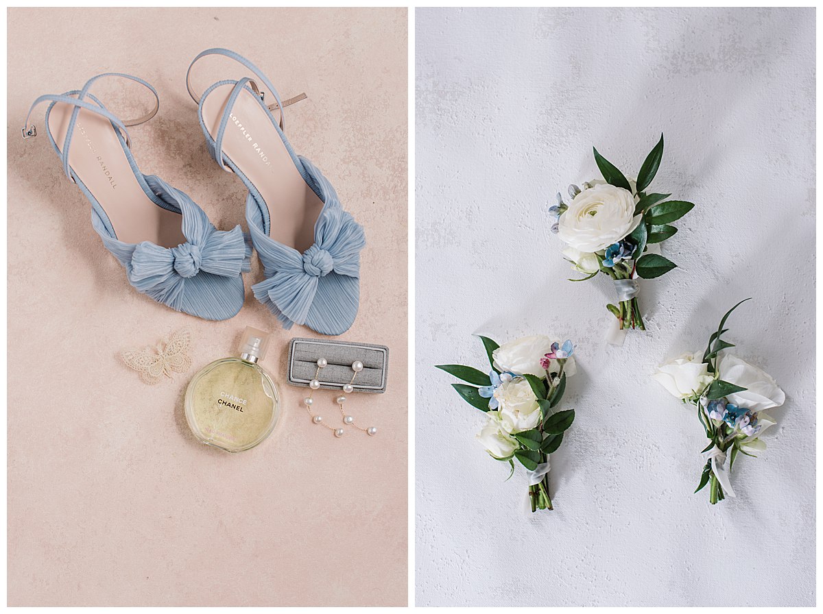 blue wedding shoes and boutonniere 