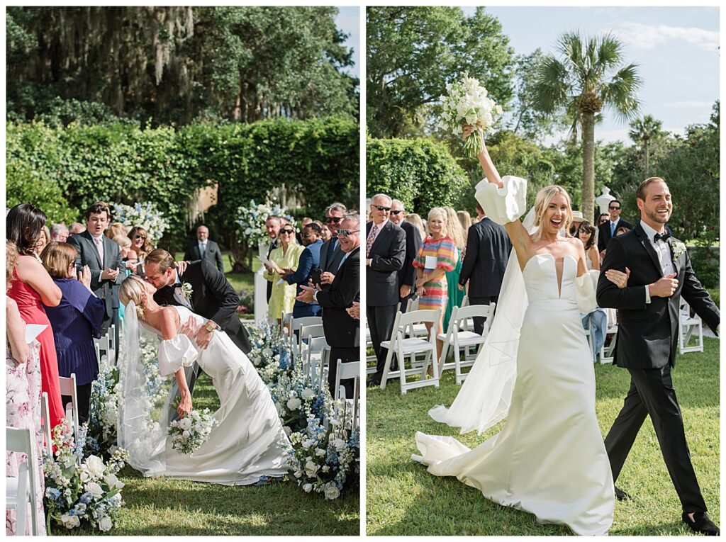 recessional of a bride and groom kissing and celebrating 