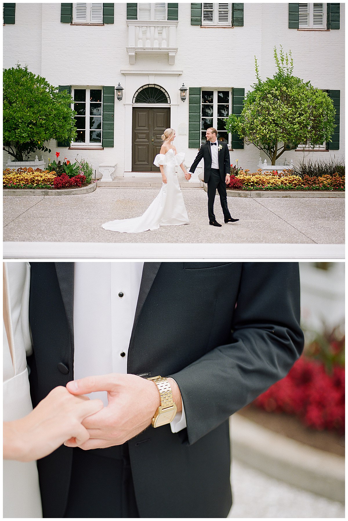Bride and groom walking outside and close up of their hands and rings