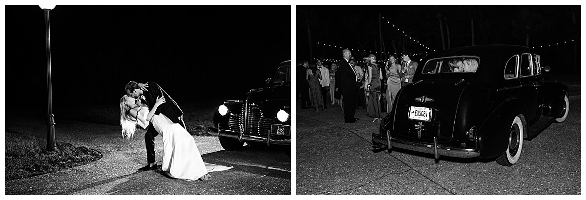 black and white photos of bride and groom kissing and leaving in a vintage car