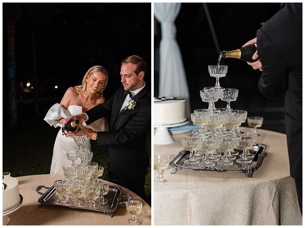 Bride and Groom pouring Champagne on their Champagne tower